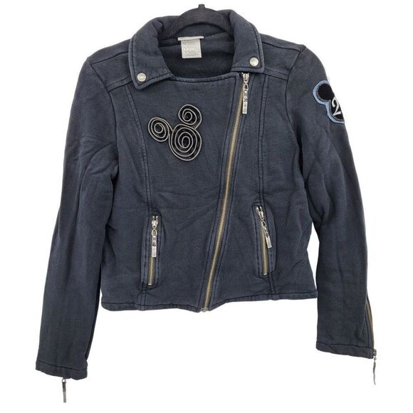 Disney Parks Disneyland Moto Jacket Sweatshirt M Black Sequined Mickey 3D Zip - Picture 3 of 17